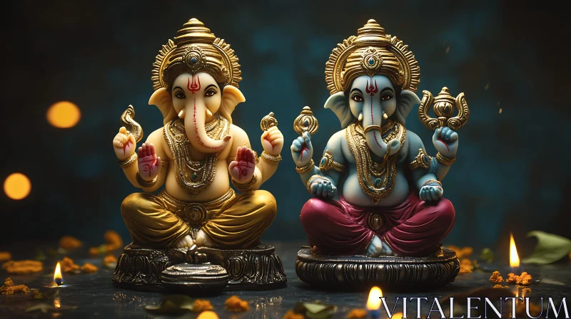 Twin Ganesha Deities in Contemplation AI Image