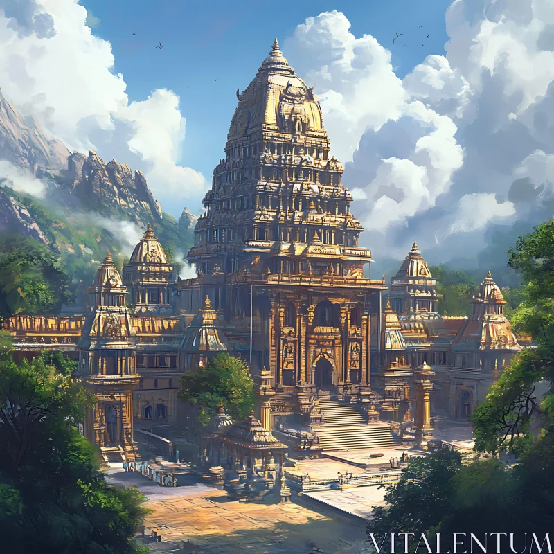 AI ART Monumental Temple with Mountain Backdrop