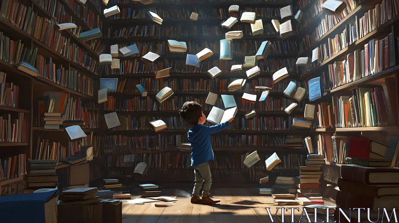 Boy in Floating Book Library AI Image