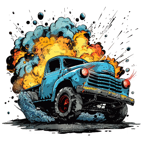 Blue Retro Pickup Truck Explosion Art Illustration POD Design