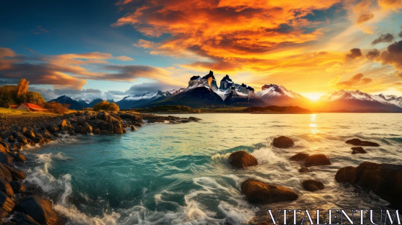 Breathtaking Sunset Over Mountainous Waterside Landscape AI Image