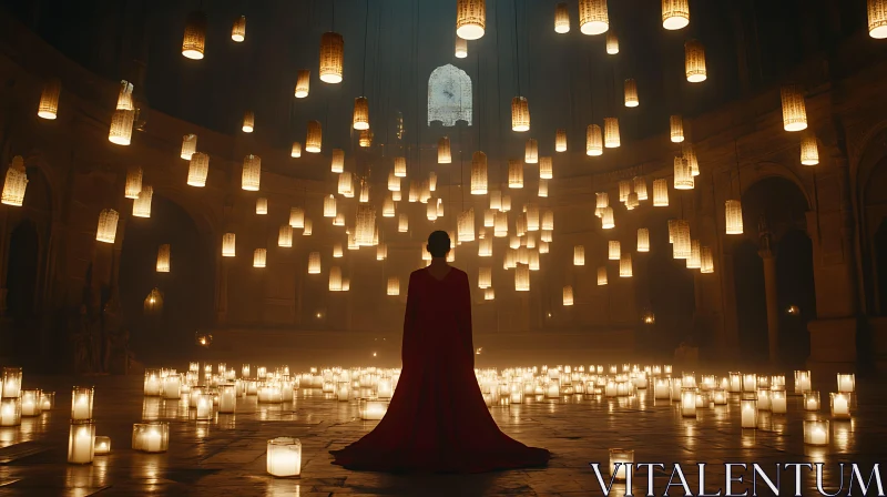 Woman in Red Gown Surrounded by Candles AI Image