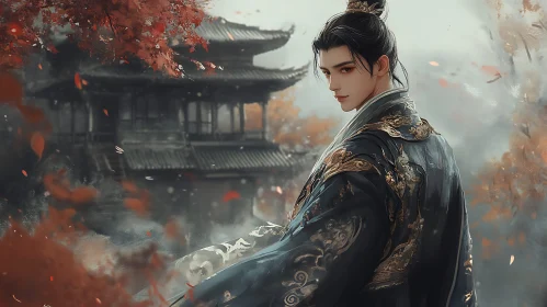 Asian Man in Autumn Landscape