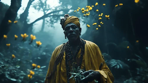 Man in Yellow Robe in Misty Forest