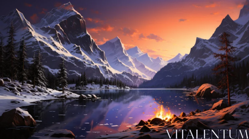 Captivating Mountain Landscape with Fire at Lake | Highly Detailed Illustration AI Image