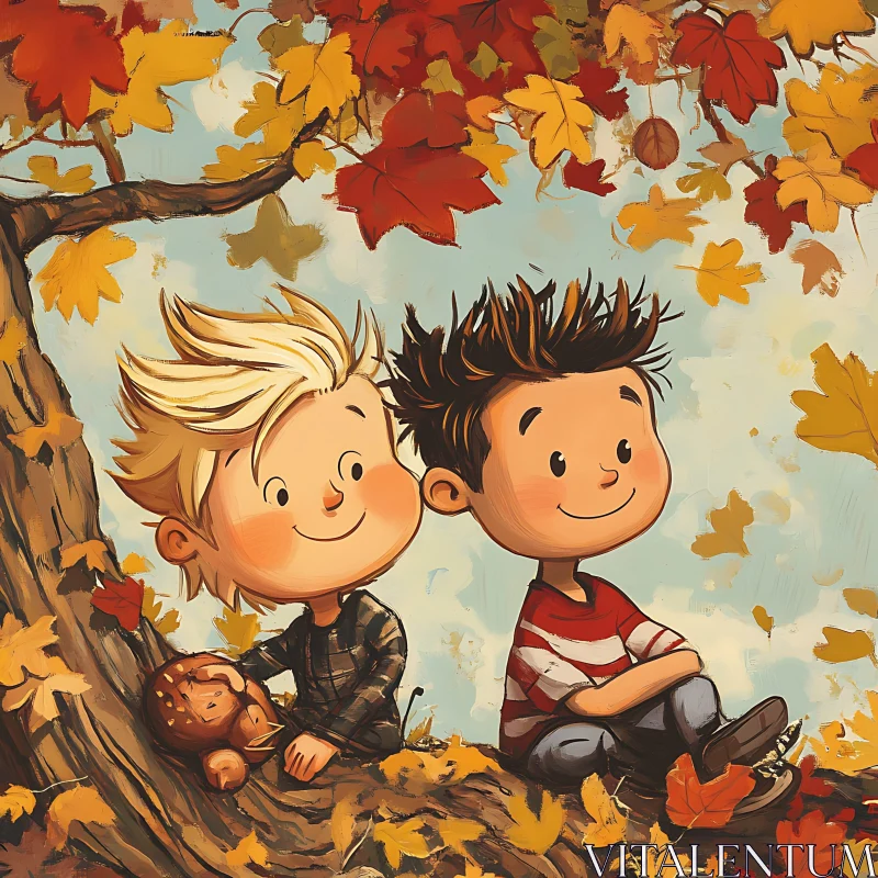 AI ART Two Friends Enjoying Autumn Cartoon Art