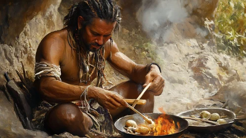 Caveman Cooking Over Open Flame