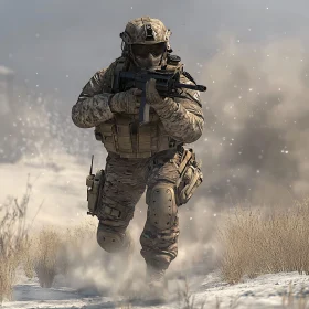 Military Warrior in Winter Combat Scene