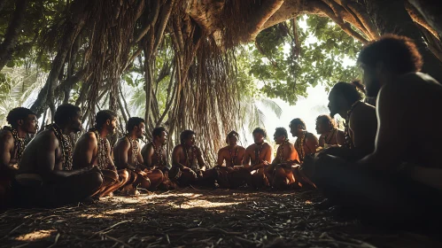 Indigenous Men Circle Under Banyan Tree