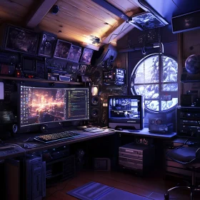 Tech-Filled Home Office Setup with Snowy Exterior Scene