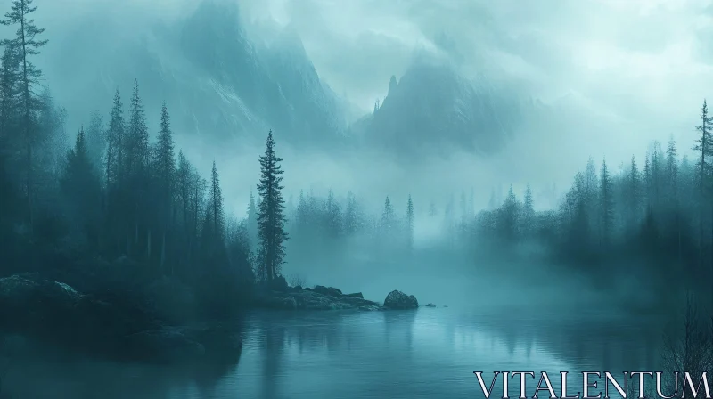 AI ART Misty Mountain Lake Scene