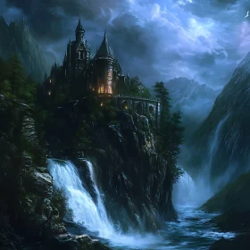 Cliffside Castle with Waterfalls Landscape