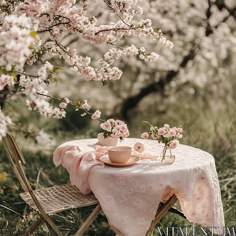 Tranquil Picnic Under Cherry Blossoms AI Image