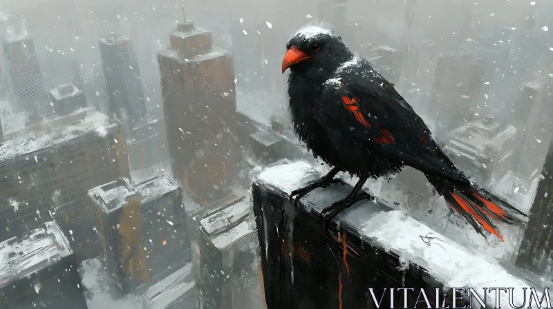 Snowy City Bird Perch AI Image