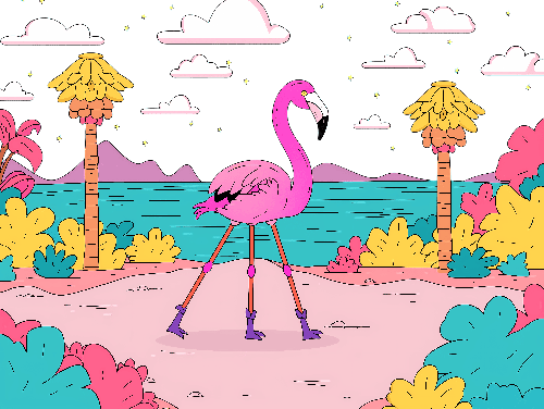 POD Design Pink Flamingo on Tropical Beach - Cartoon Style Art