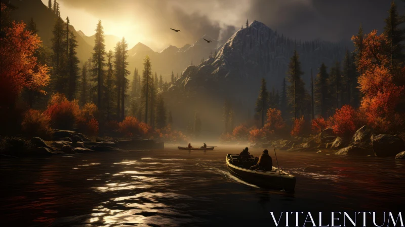 AI ART Serene Mountain Lake with Canoe | Dark Navy and Amber | Hunting Scenes