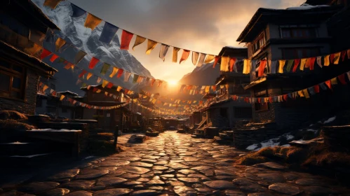 Snowy Mountain Village with Flags Illuminating the Pathway