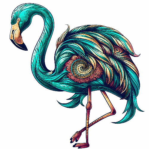 Stylized Flamingo Apparel Design in Teal, Yellow, and Pink