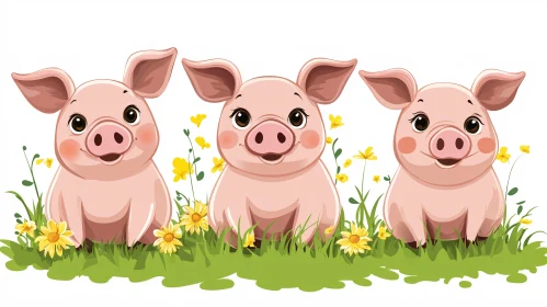 Cute Cartoon Piglets with Flowers