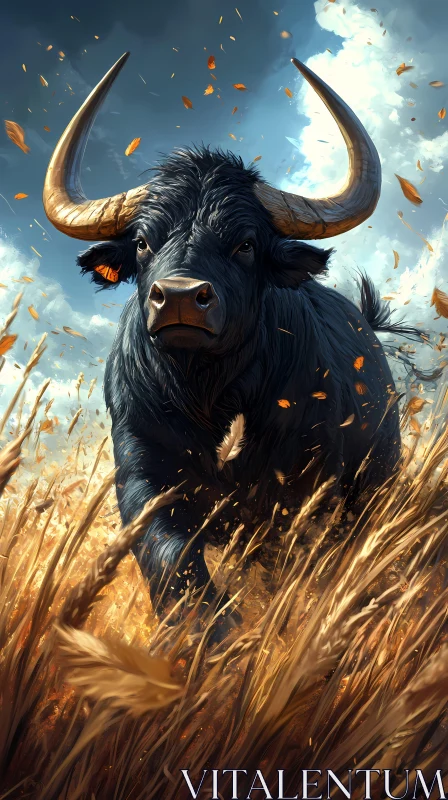 Bull Charging in Autumn Landscape AI Image