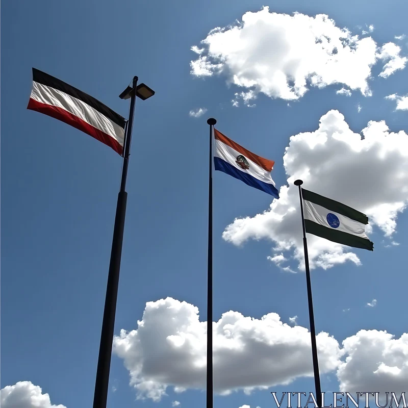 Patriotic Flags Against Cloudy Blue Sky AI Image