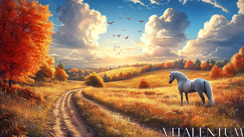 Serene Autumn Scenery with Horse AI Image