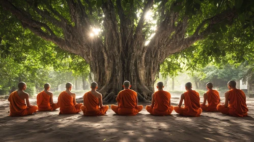 Meditative Monks Under Tree Canopy