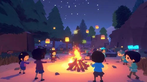 Cartoon Campfire Night Scene