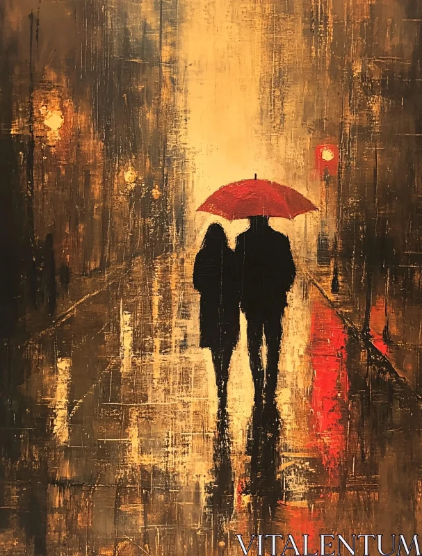 AI ART Rainy Romance: Couple's Walk Under Red Umbrella