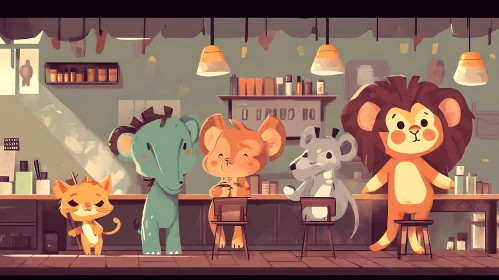 Cartoon Animals in a Cozy Cafe