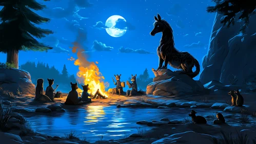 Moonlit Campfire with Animal Guardians