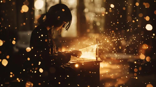 Woman Weaving with Golden Lights