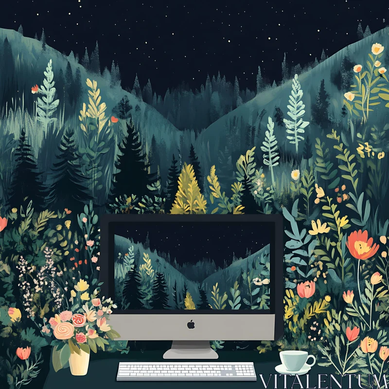 Natural Night Forest Meets Digital Screen AI Image