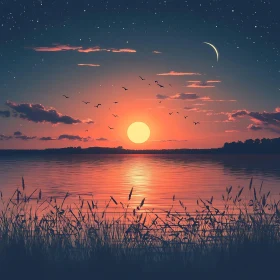 Tranquil Lake Sunset with Silhouetted Birds