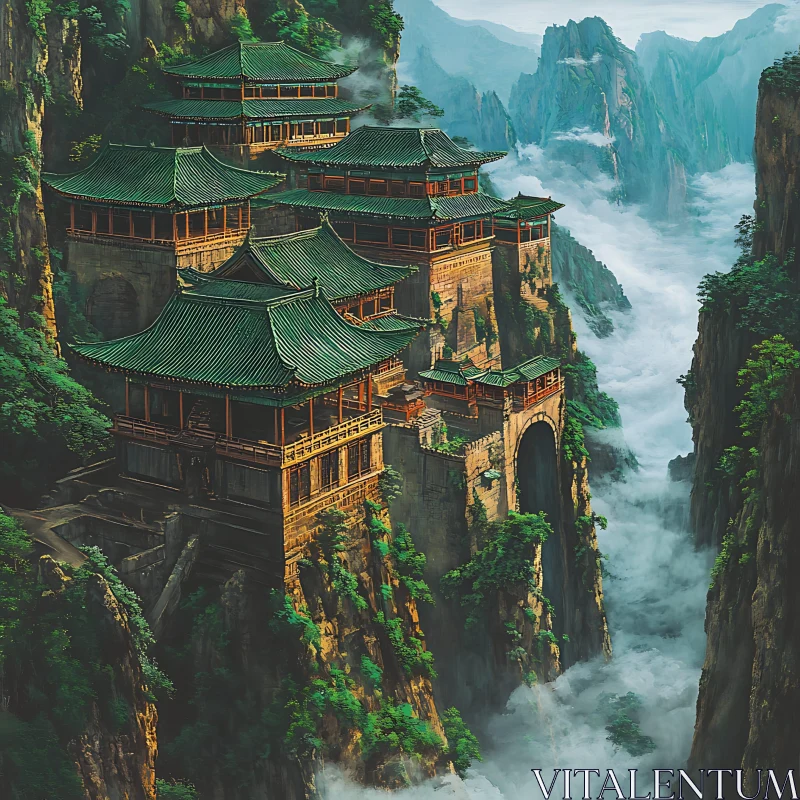 Asian Temple on Mountain Peak AI Image