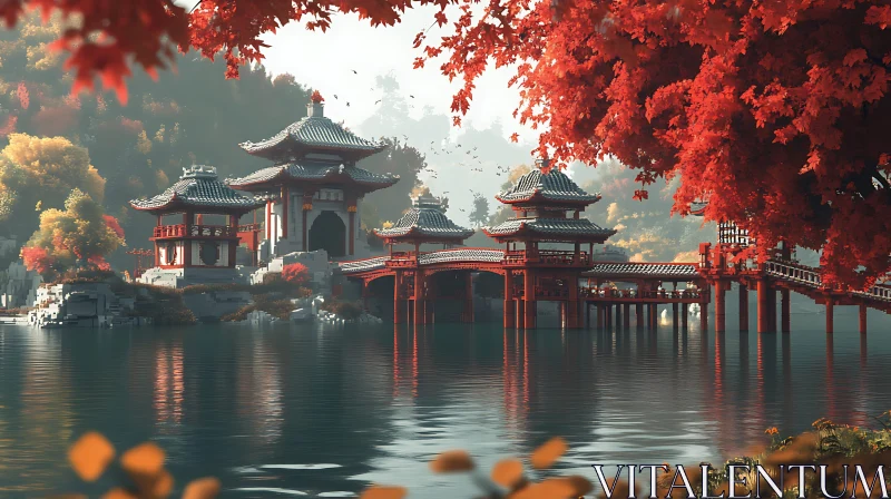 Red Leaf Reflections on Japanese Architecture AI Image