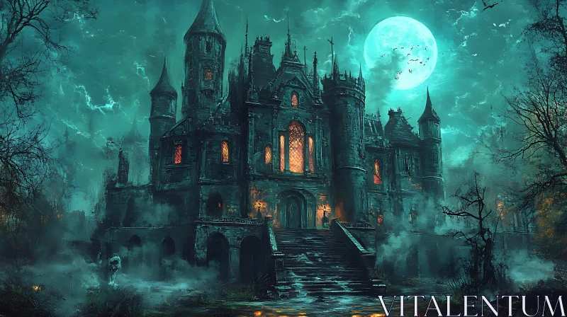 Eerie Castle at Night Digital Art AI Image