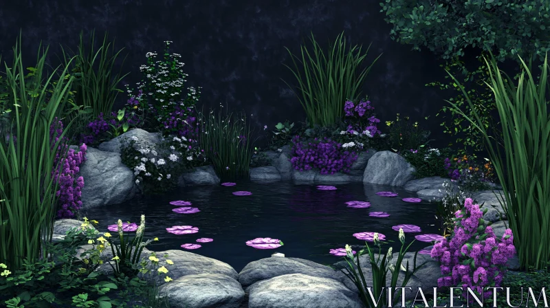 AI ART Tranquil Garden Pond Surrounded by Flowers