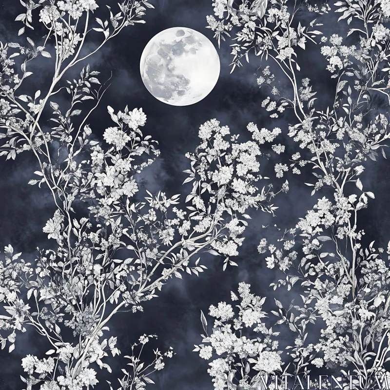 Floral Moonlit Night Illustration AI Image