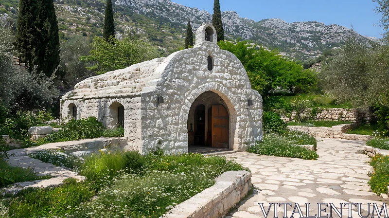 Rustic Chapel Exterior with Mountain View AI Image