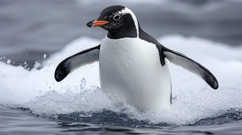 Penguin in Motion Over Ocean
