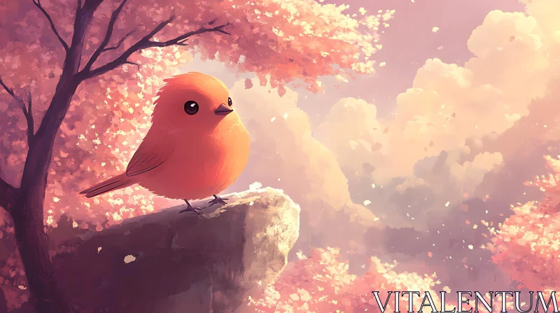 Bird Among Blossoms, Serene Spring Art AI Image