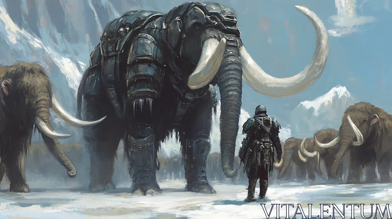 Warrior and Armored Mammoth Encounter AI Image