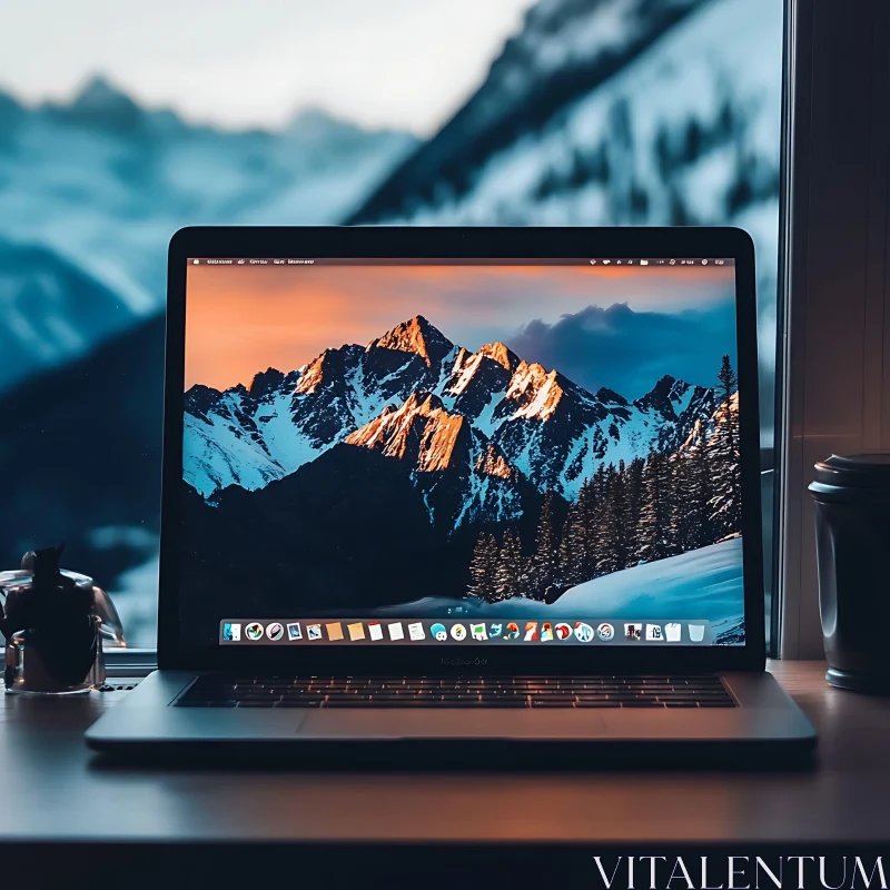 Laptop Displaying Mountain Wallpaper on Wooden Desk AI Image