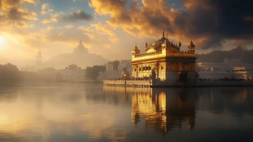 Golden Temple Reflection in Lake at Sunrise