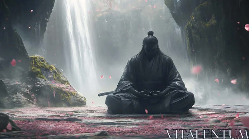 Meditative Figure by Waterfall AI Image