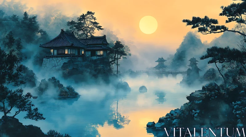 Misty Temple Landscape at Dawn AI Image