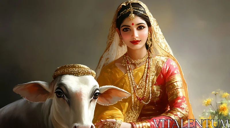 Portrait of Woman and Cow with Golden Crown AI Image