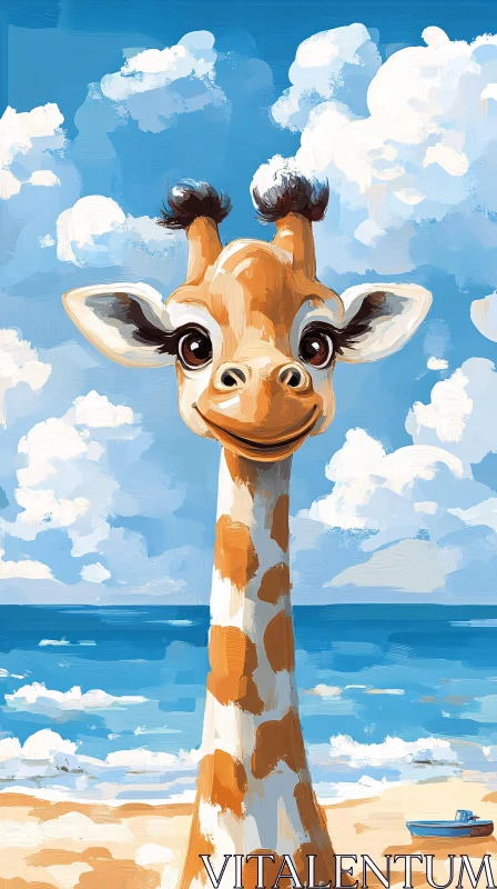 Playful Giraffe by the Ocean AI Image