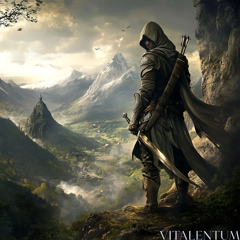 AI ART Hooded Warrior Overlooking Mountain Valley